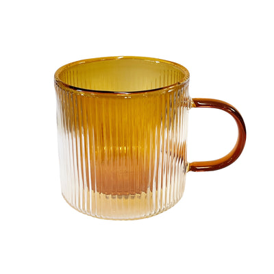Double walled ribbed glass tea coffee mug with amber insert and handle 270ml