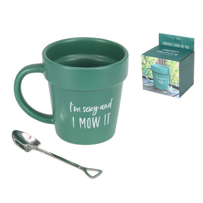 Tea Coffee Gardeners Green Mug "Im Sexy and I MOW IT" with Shovel Teaspoon dad Father Grandfather Mum planter pot shaped mug