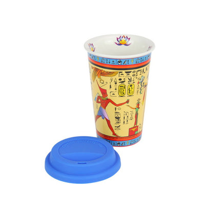 Travel Mug Keep Cup 400ml Egyptian Design Yellow  with blue silicone lid