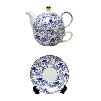 white and blue bone china tea for one tea set in bluebird design 