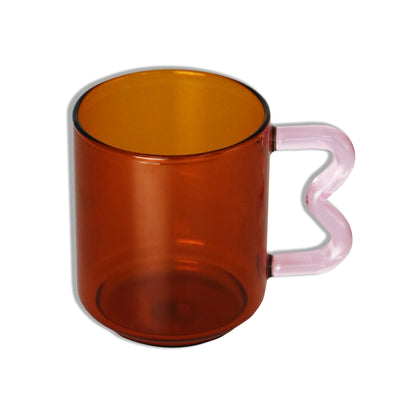 Coloured Glass Tea or Coffee Mugs amber with pink handles