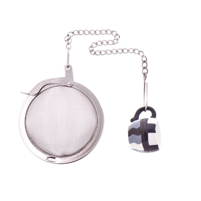 tea infuser ball mesh stainless steel on chain with black and white teacup decal on the end 