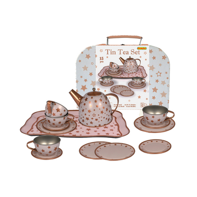 Children's Tin Tea Set in Carry case pink with gold stars