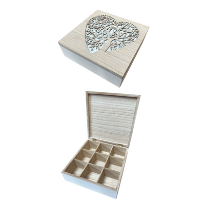 24cm Carved Heart Tree of Life Teabag Box Trinket Box Jewellery Box 9 compartment