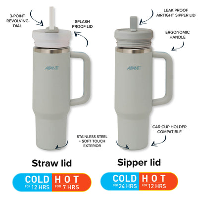 HYDROquench 1 Litre Insulated Tumbler straw lid and sipper lid Grey