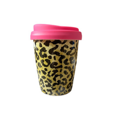 Avanti GO MUGS - 250ml Double Wall Ceramic Travel Cup with Hot Pink Silicone Lid Leopard Print