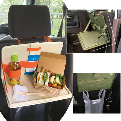 Car backseat foldable Food tray table activity table with fruit drink and meal open
