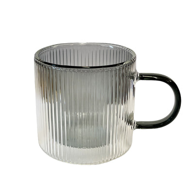 Double walled ribbed glass tea coffee mug with grey insert and handle 270ml