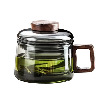 Glass Tea Mug Cup with removable glass infuser basket and wooden handle and lid handle 250ml