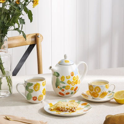 Table setting entire set Goldenfields Summer Joy white blue yellow ochre flowers Teapot with Stainless Steel Infuser 950ml teacup and saucer coffee tea mug