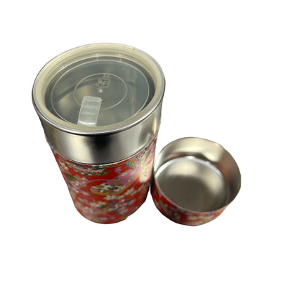 Japanese Kimono Print Tea Canister - extra seal inside the canister red  with Flowers