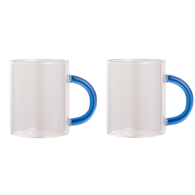 Leaf and Bean two toned coloured glass tea or coffee mugs sets of two clear glass with blue glass handle 420ml