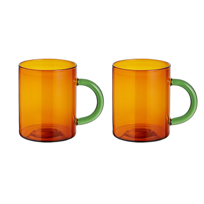 Leaf and Bean two toned coloured glass tea or coffee mugs sets of two amber glass with green glass handle 420ml