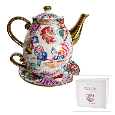 milano china tea for one tea set 450ml teapot cup saucer shell design blue pink golds gift boxed