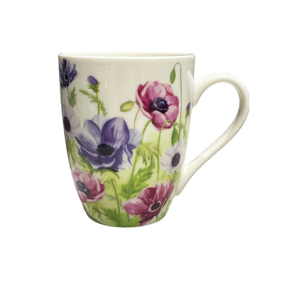 Porcelain Tea or Coffee Mug with Purple and Pink poppie flowers 295ml