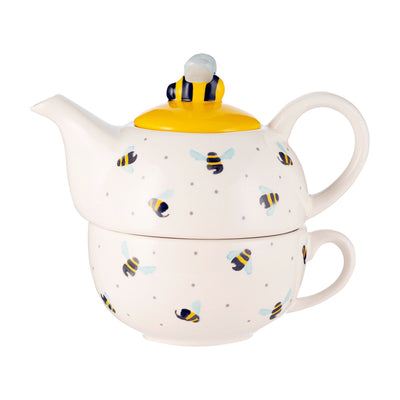 Sweet Bee Tea for One Teapot sitting on a teacup White yellow and blue bees 13.9 x 13.5 x 13.5cm - Gift Boxed