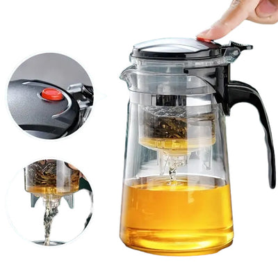 Magic Tea Maker Heat Resistant Clear Glass Teapot with infuser lid red button 