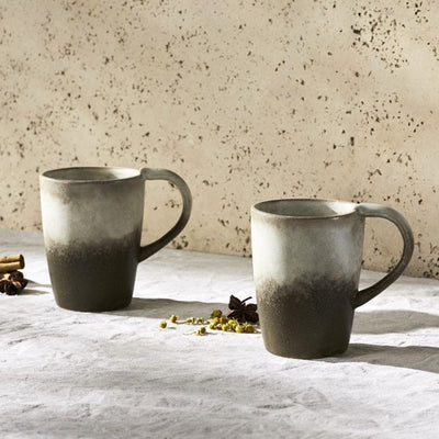 Dusk retro stoneware tea coffee mugs 300ml set of two with chamomile herbal tea on tablecloth