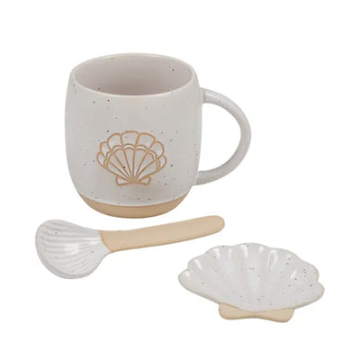 3 piece Shelly shell design on white and stone three piece tea coffee mug set with shell spoon and shell teabag plate