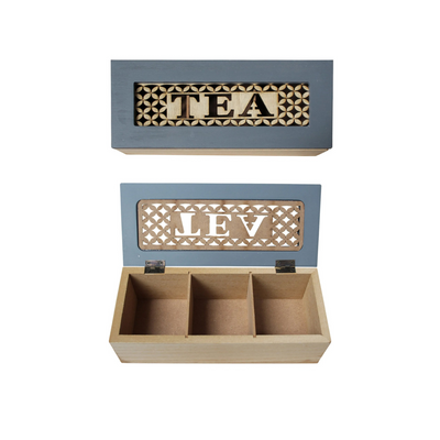 Teabag chest caddy box Blue wash natural wood Tea logo 3 compartment