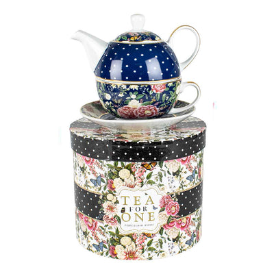 Porcelain tea for one teapot 350ml and tea cup 350ml gift boxed Floral Garden Navy