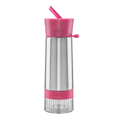 stainless steel water bottle with pink lid and straw and fruit infuser compartment on a white background AQUAZINGER 