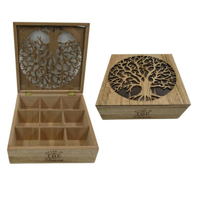 Tea Chest Caddy teabag box Tree of Life design natural wood 9 compartment