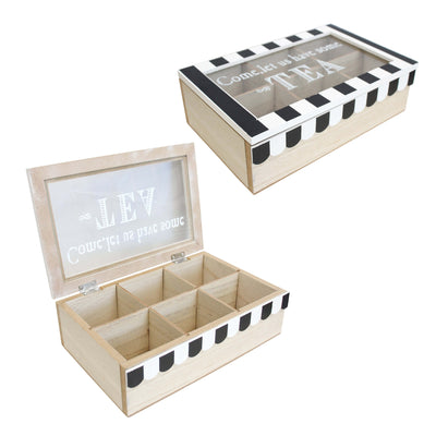 Tea Chest Caddy Teabag Box Cafe Awning Black and white design Come let us have some tea logo 6 compartment