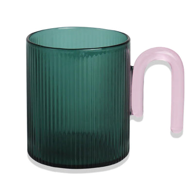 Archer Glass Ribbed Tea Coffee Mugs with Arch Handles 320ml bottle green with pink handle