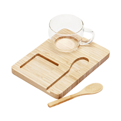 Aubrey Tea or Coffee 3 piece set tea glass wooden board wooden spoon