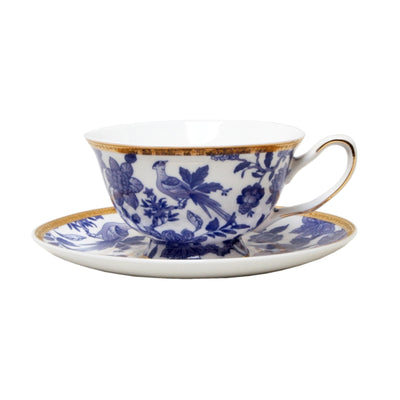 Blue and white china tea cup and saucer 250ml botanica design lyre bird