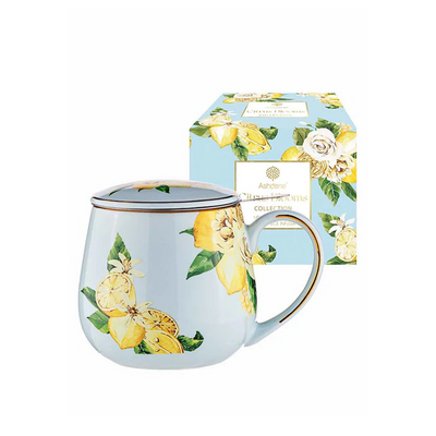 Matilda Hug Mugs with Infuser & Lids citrus bloom blue and yellow tea coffee mug with tea infuser 