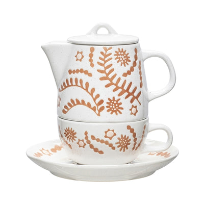 Nori Stoneware white beige and brown Tea For One 170ml Cup/320ml Teapot (without infuser)